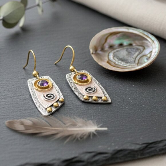 Bohemian Glam - Purple Gem & Spirals Dangle Trendy Fashion Earrings 🌈🌟 - Picture 6 of 11